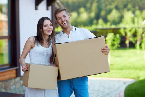 Packed boxes and furniture prepared for storage in north-west London