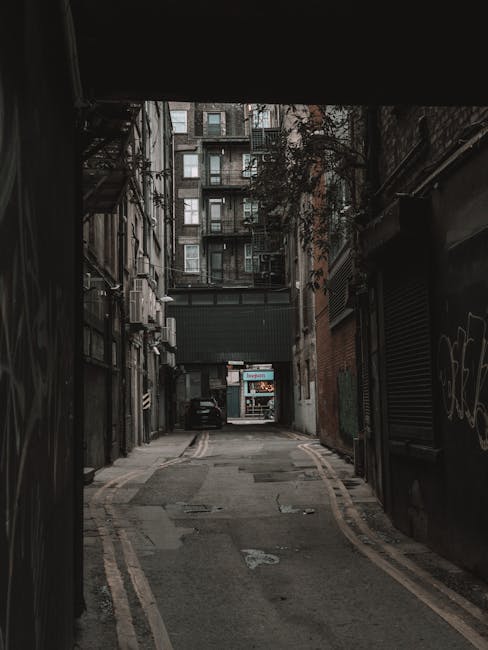 A narrow urban alleyway with a paved surface showing patches and markings, flanked by tall brick and metal-clad buildings on both sides. On the right, a closed black metal shutter with graffiti, and on the left, a metal fire escape ladder attached to the building's facade. Nearby, several cardboard boxes and protective packing materials are stacked on the ground. In the distance, a small black vehicle is parked near a doorway with signage, visible through the alley opening. The environment appears to be part of a home relocation process, with the setting prepared for furniture transport or loading, and ambient, diffuse lighting coming from above. The alley is used by Belsize Park Movers for house removals and moving logistics in tight city streets, emphasizing cautious navigation through confined spaces.
